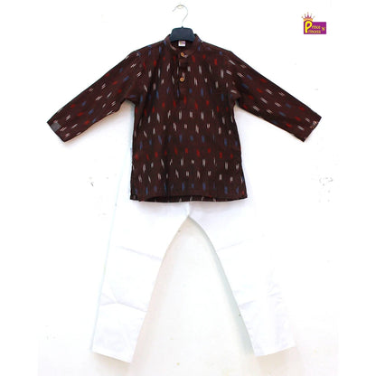 Boys Coffee Brown White Cotton Ikkat kurta Pajama KP166