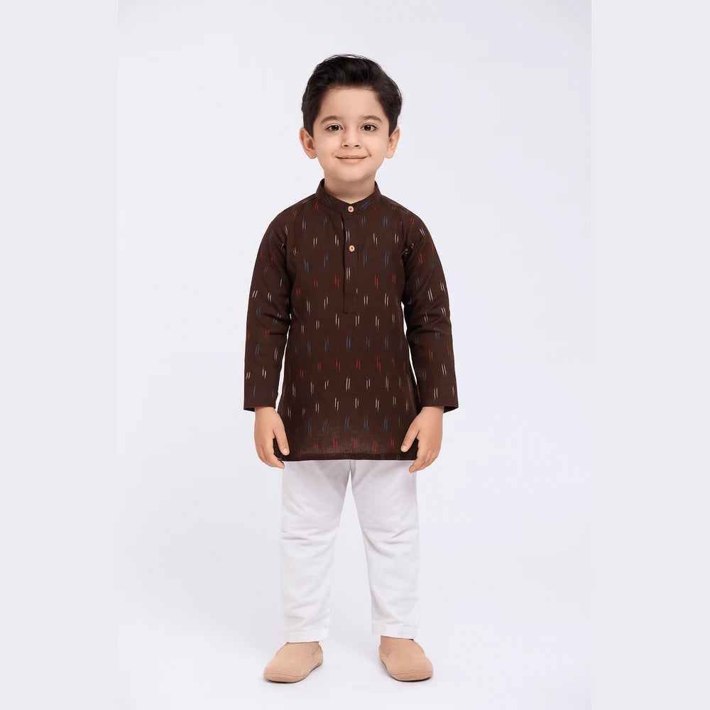 Boys Coffee Brown White Cotton Ikkat kurta Pajama KP166
