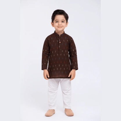 Boys Coffee Brown White Cotton Ikkat kurta Pajama KP166