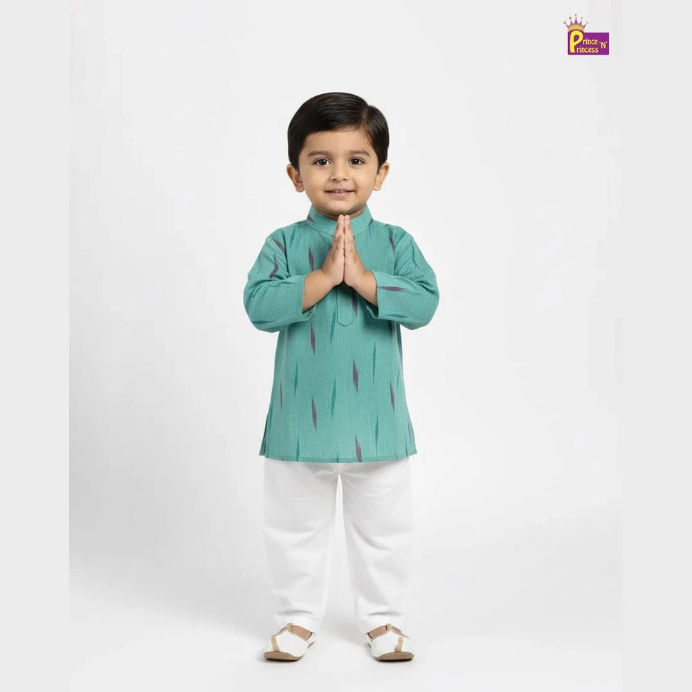 Boys Cotton Ikkat Kurta Pajama in Rama Green KP199