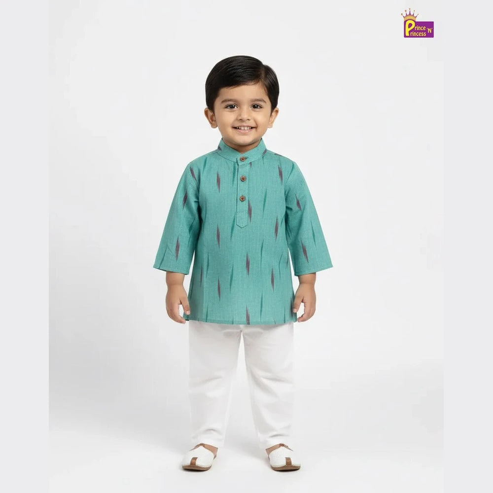 Boys Cotton Ikkat Kurta Pajama in Rama Green KP199