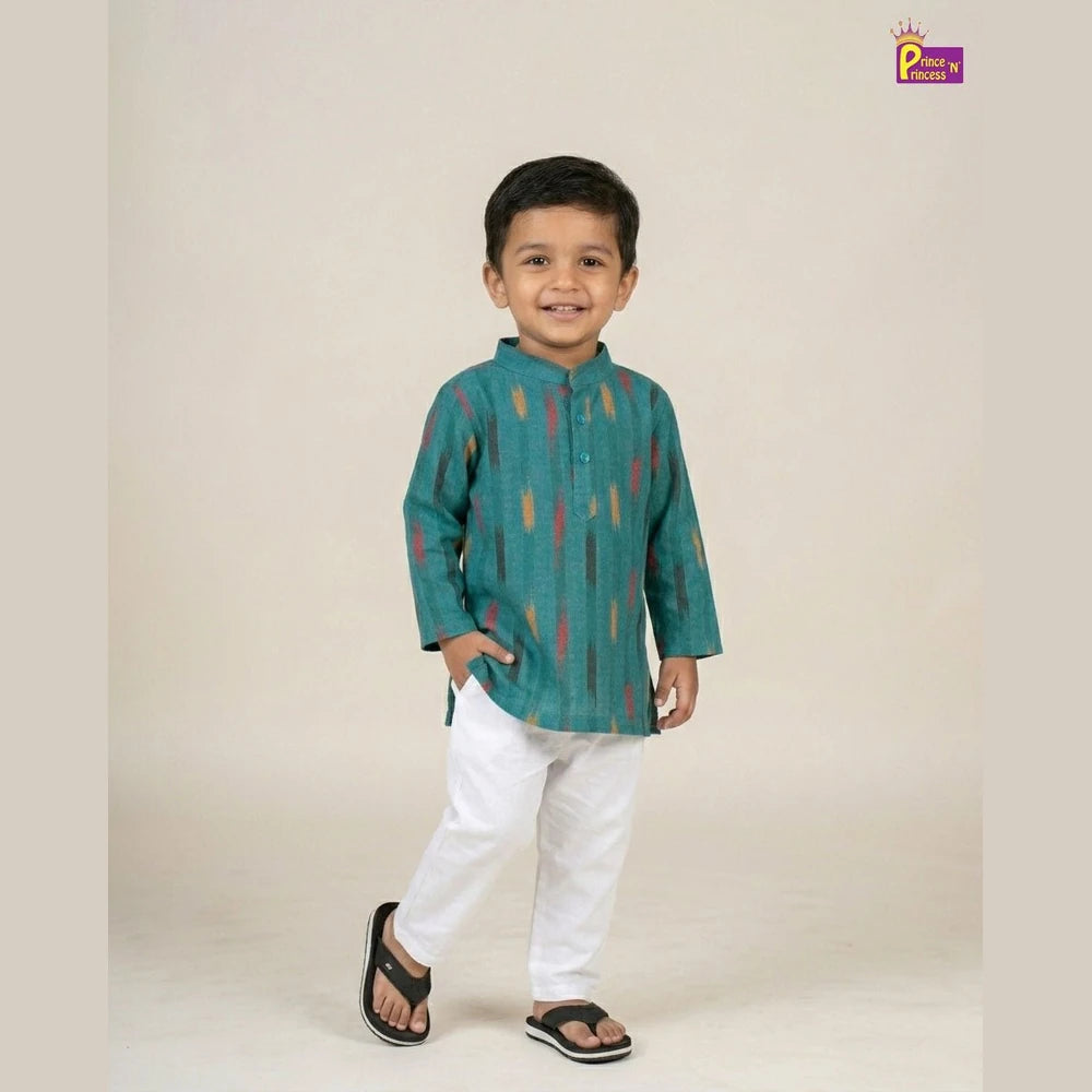 Boys Cotton Ikkat Kurta Pajama in Rama Green KP208