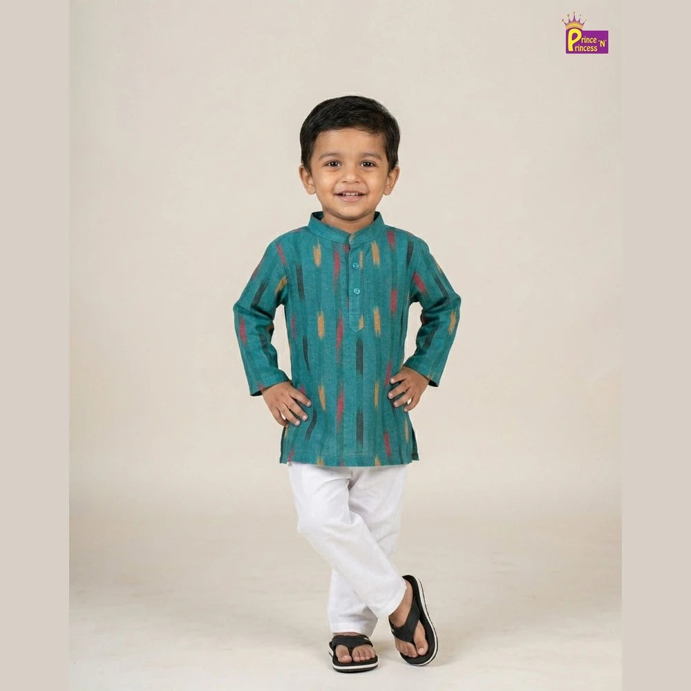 Boys Cotton Ikkat Kurta Pajama in Rama Green KP208