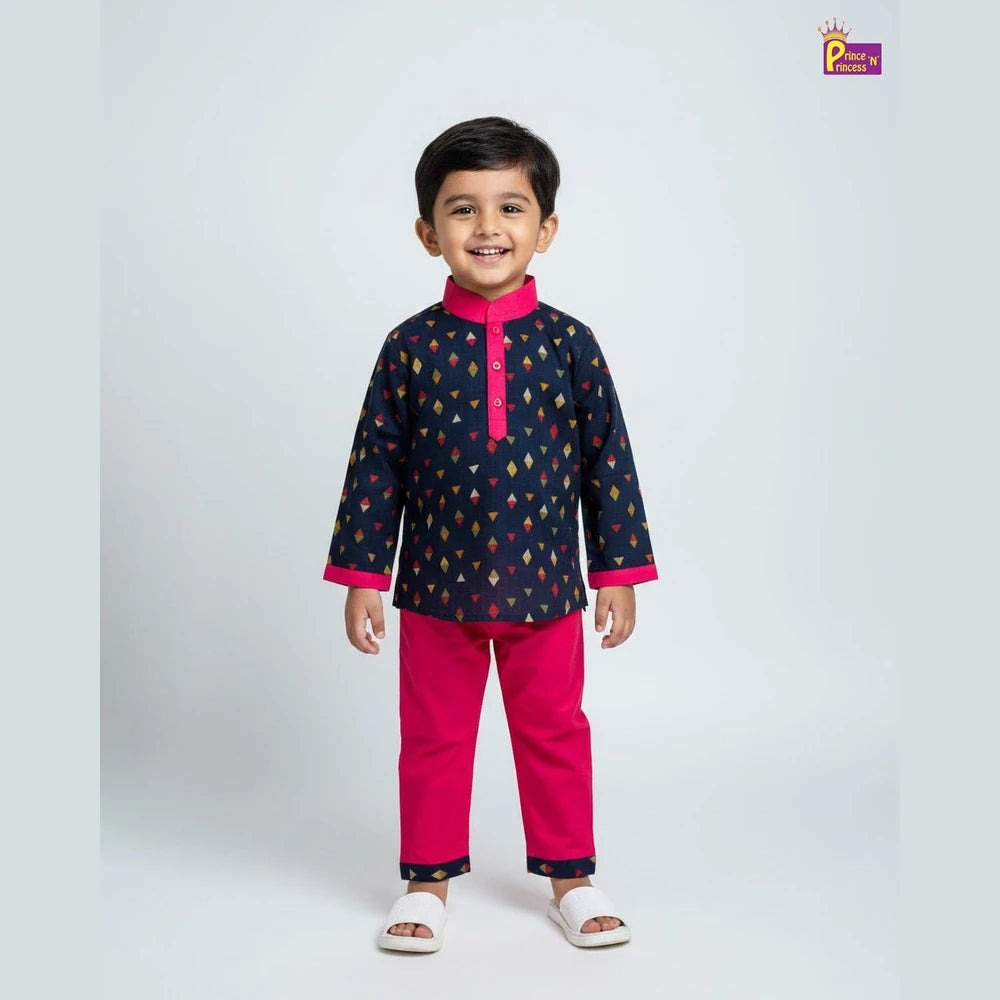 Boys Cotton Kurta Pajama Navy with Pink KP207