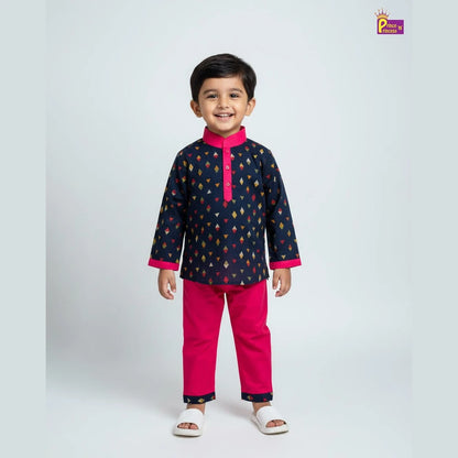 Boys Cotton Kurta Pajama Navy with Pink KP207