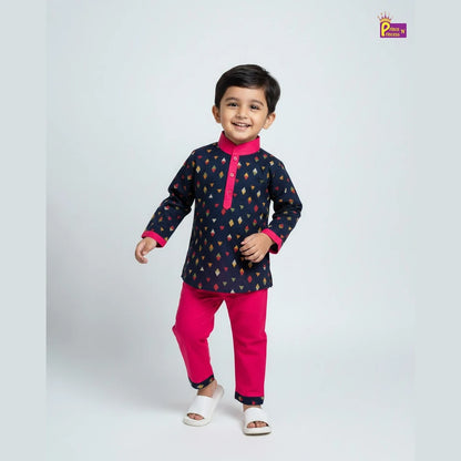 Boys Cotton Kurta Pajama Navy with Pink KP207
