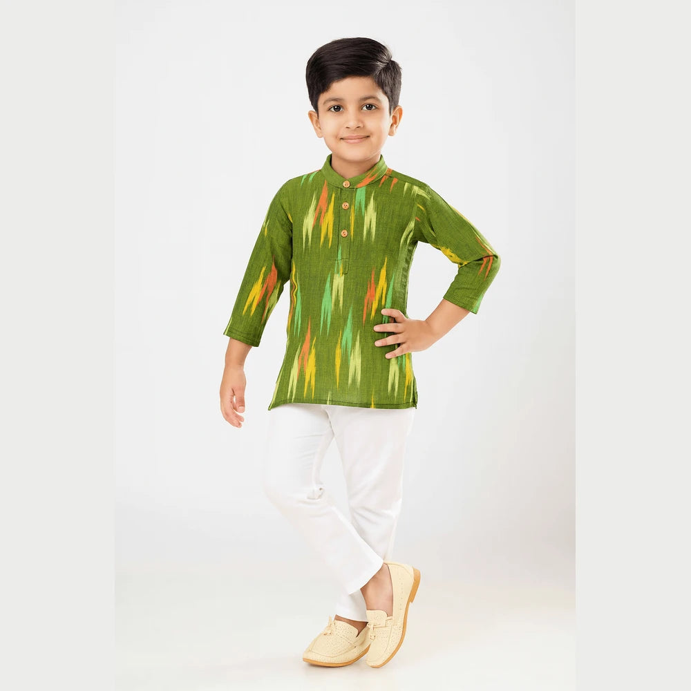 Boys Green White Cotton Ikkat kurta Pajama KP161