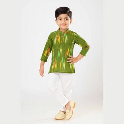 Boys Green White Cotton Ikkat kurta Pajama KP161