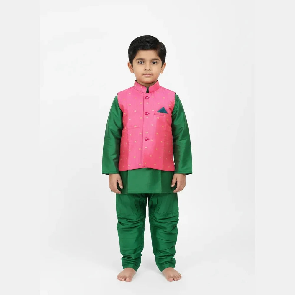 Boys Kurta Pajama with Coat in Pink with Green KP101