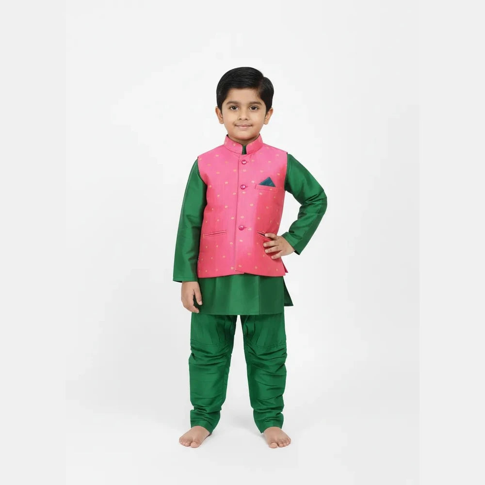 Boys Kurta Pajama with Coat in Pink with Green KP101