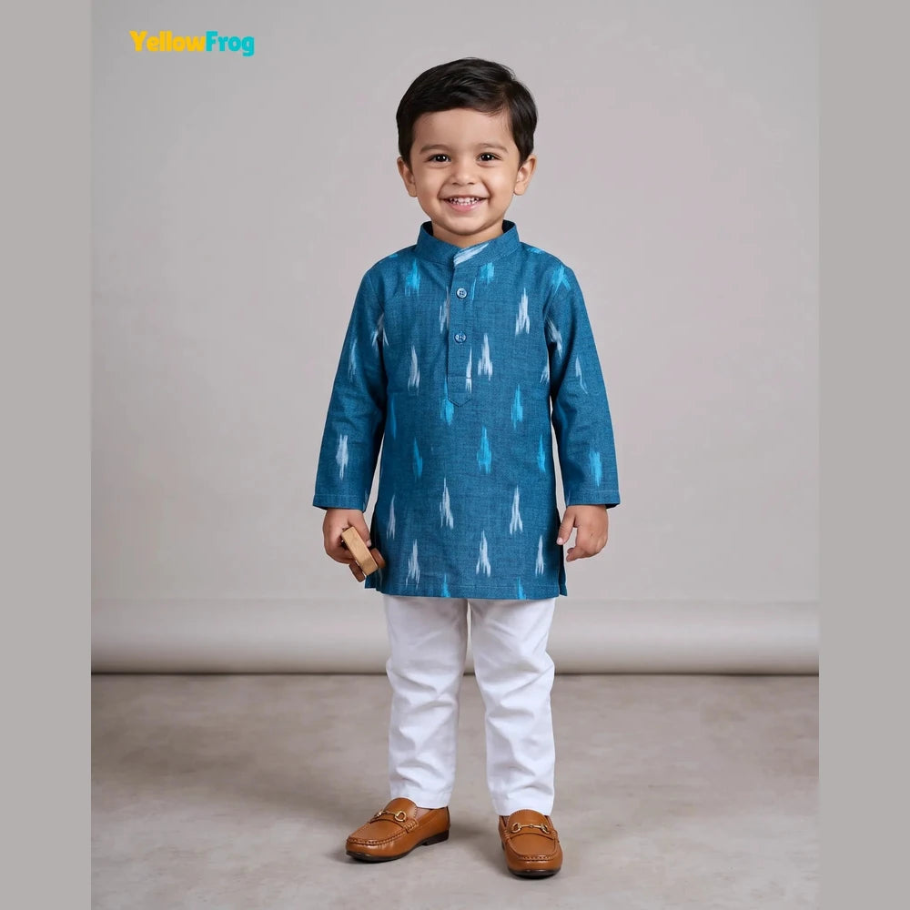 Boys Pure Cotton Ikkat Kurta Pyjama Set - Teal Ikkat Print Ethnic Wear with Collar KP229