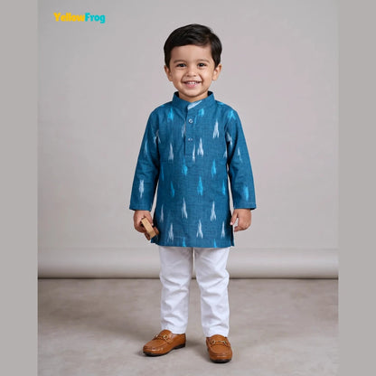Boys Pure Cotton Ikkat Kurta Pyjama Set - Teal Ikkat Print Ethnic Wear with Collar KP229