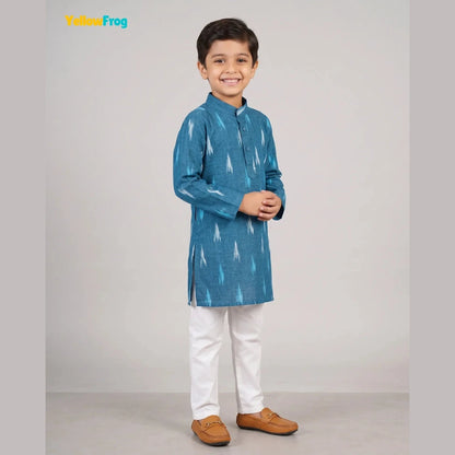 Boys Pure Cotton Ikkat Kurta Pyjama Set - Teal Ikkat Print Ethnic Wear with Collar KP229