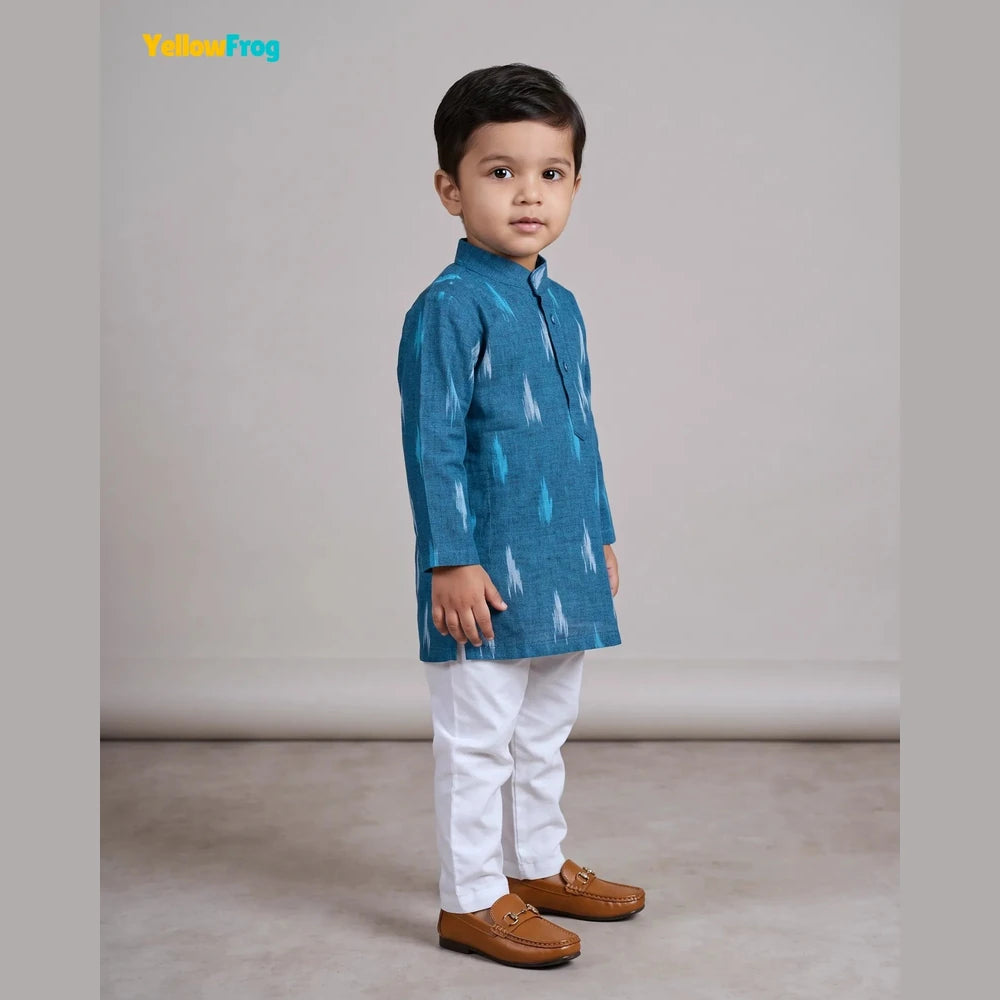 Boys Pure Cotton Ikkat Kurta Pyjama Set - Teal Ikkat Print Ethnic Wear with Collar KP229