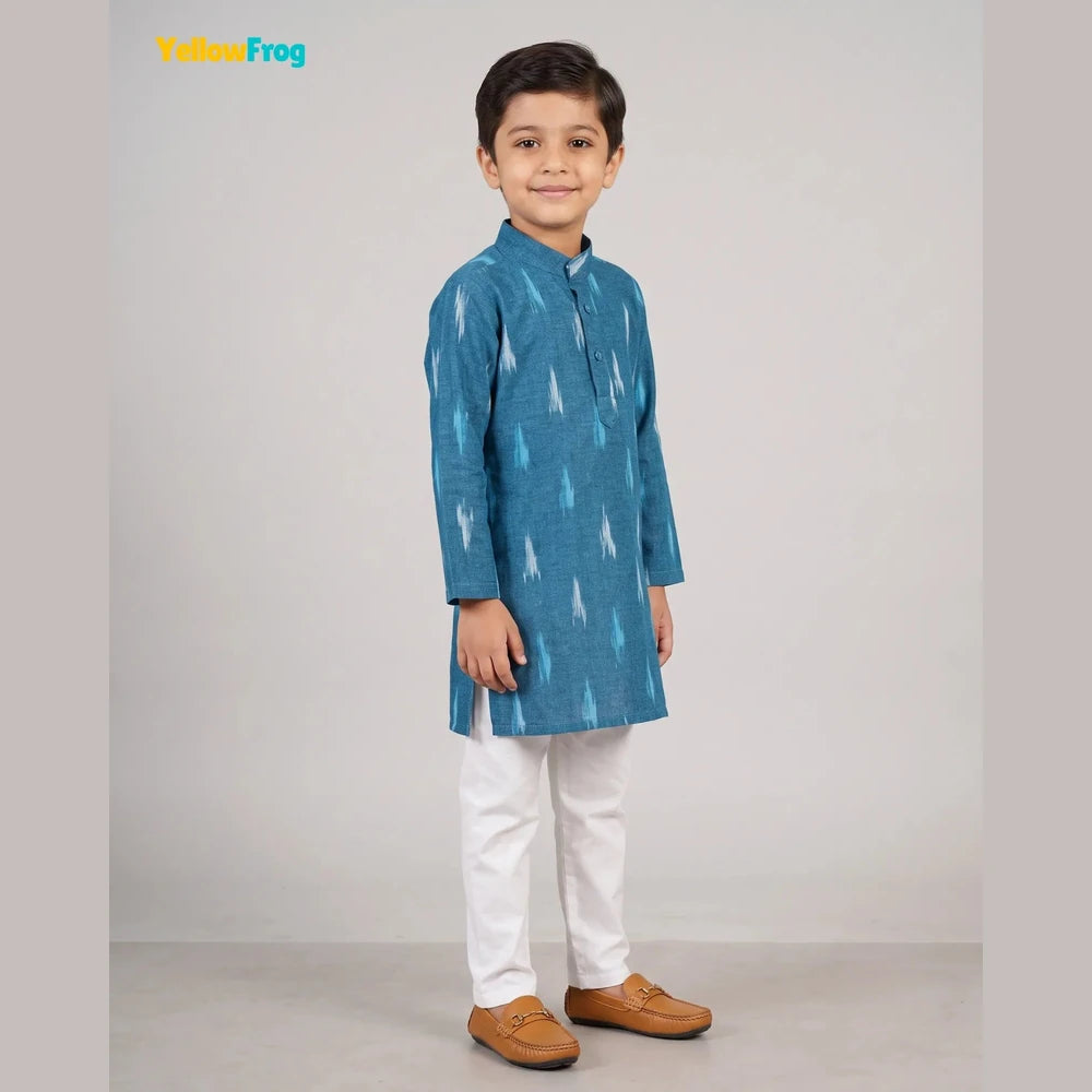 Boys Pure Cotton Ikkat Kurta Pyjama Set - Teal Ikkat Print Ethnic Wear with Collar KP229