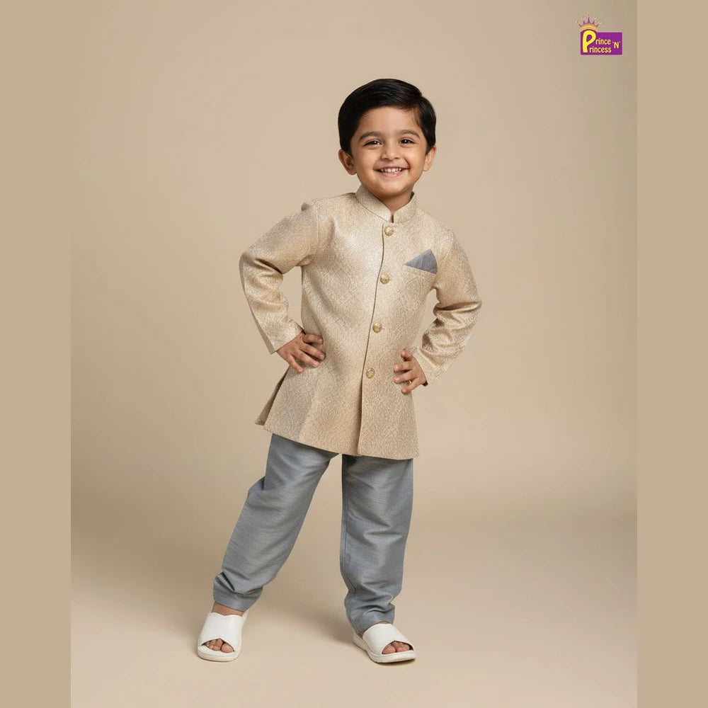 Boys Silk Kurta Pajama in Gold with Grey KP103