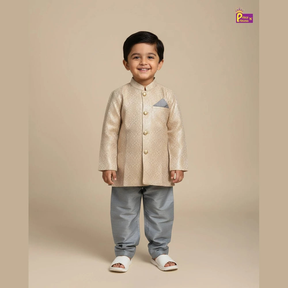 Boys Silk Kurta Pajama in Gold with Grey KP103