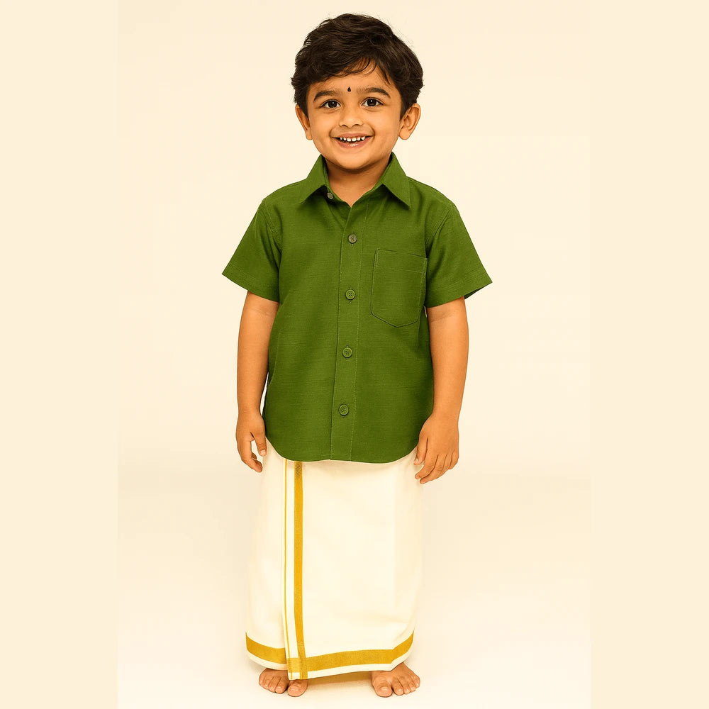 Boys South Indian Oilve Green Shirt Dhoti SD002