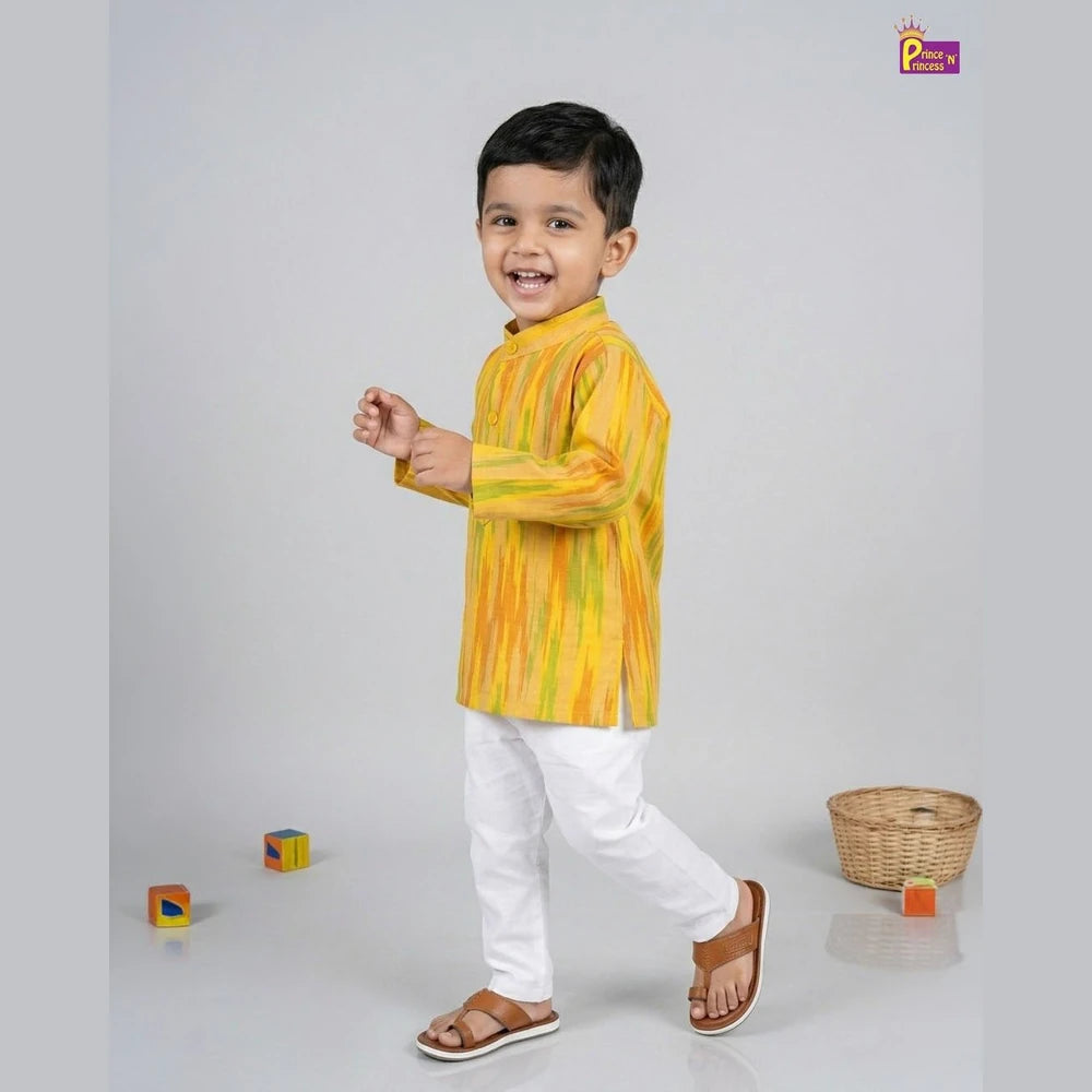 Boys Yellow Cotton Ikkat kurta Pajama KP078