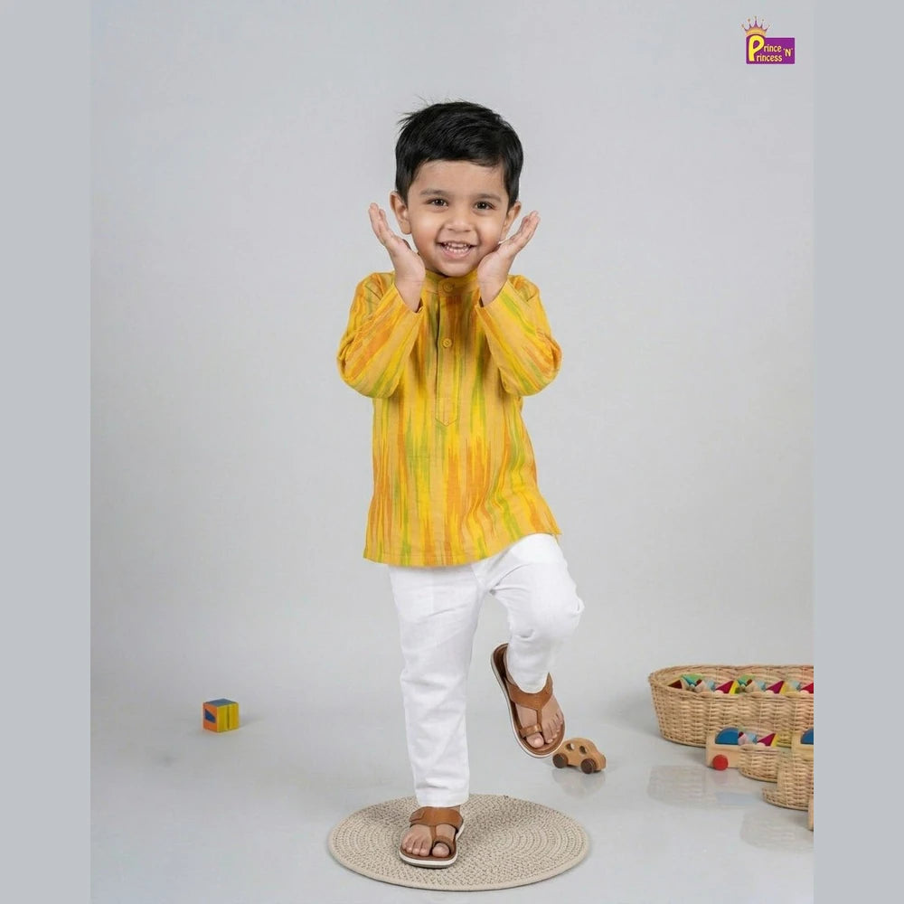 Boys Yellow Cotton Ikkat kurta Pajama KP078