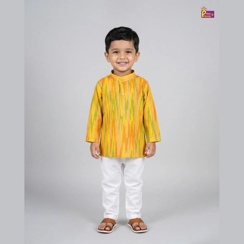 Boys Yellow Cotton Ikkat kurta Pajama KP078