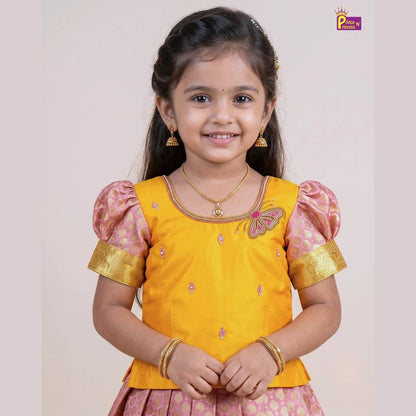 Butterfly Pattu Pavadai for Girls - Yellow Pink Diwali Pattu Pavadai Set PPP2181