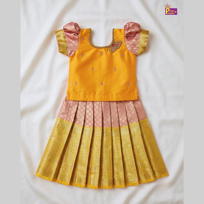 Butterfly Pattu Pavadai for Girls - Yellow Pink Diwali Pattu Pavadai Set PPP2181
