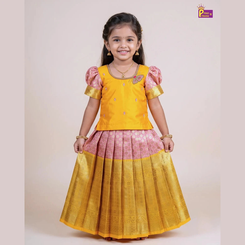 Butterfly Pattu Pavadai for Girls - Yellow Pink Diwali Pattu Pavadai Set PPP2181