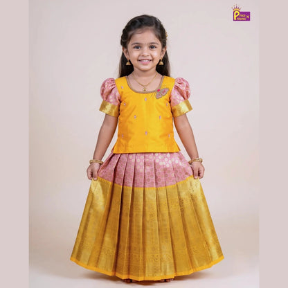 Butterfly Pattu Pavadai for Girls - Yellow Pink Diwali Pattu Pavadai Set PPP2181