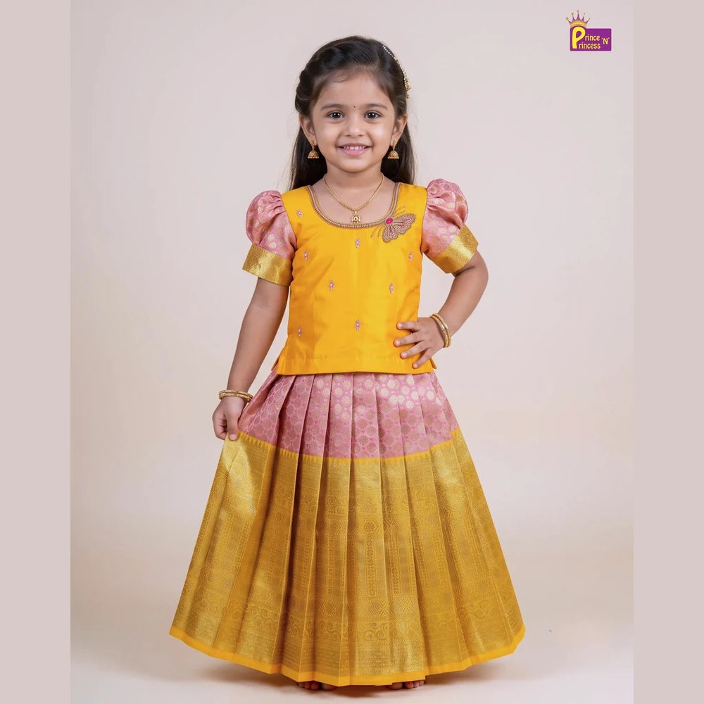 Butterfly Pattu Pavadai for Girls - Yellow Pink Diwali Pattu Pavadai Set PPP2181