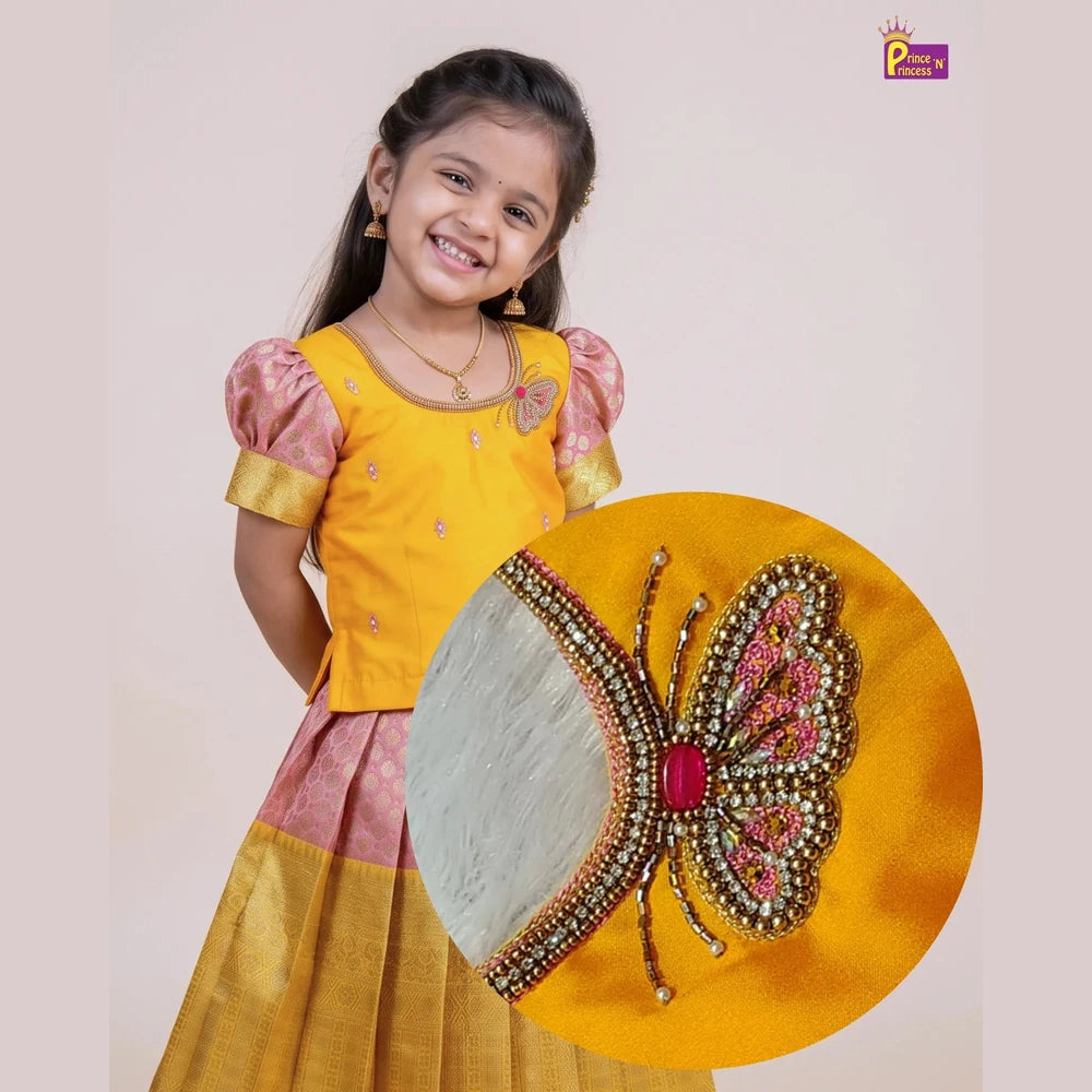 Butterfly Pattu Pavadai for Girls - Yellow Pink Diwali Pattu Pavadai Set PPP2181