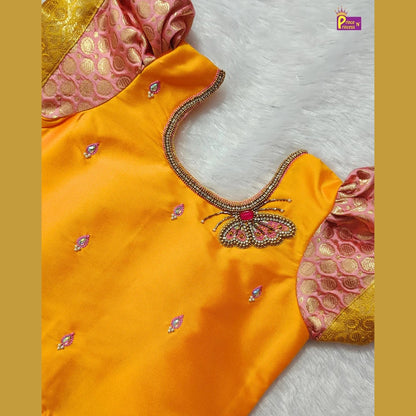 Butterfly Pattu Pavadai for Girls - Yellow Pink Diwali Pattu Pavadai Set PPP2181