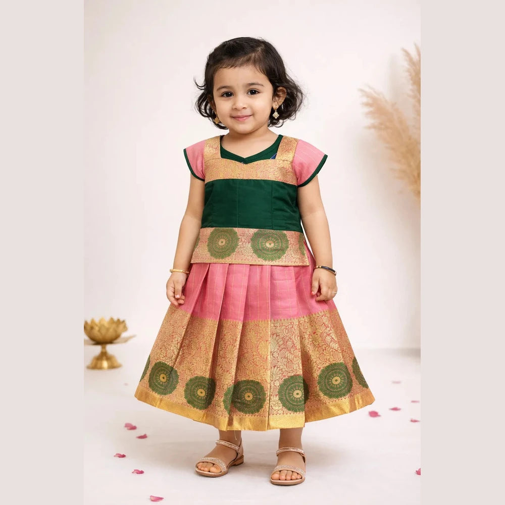 Dark Green And Beige Traditional Pattu Pavadai PPP1743