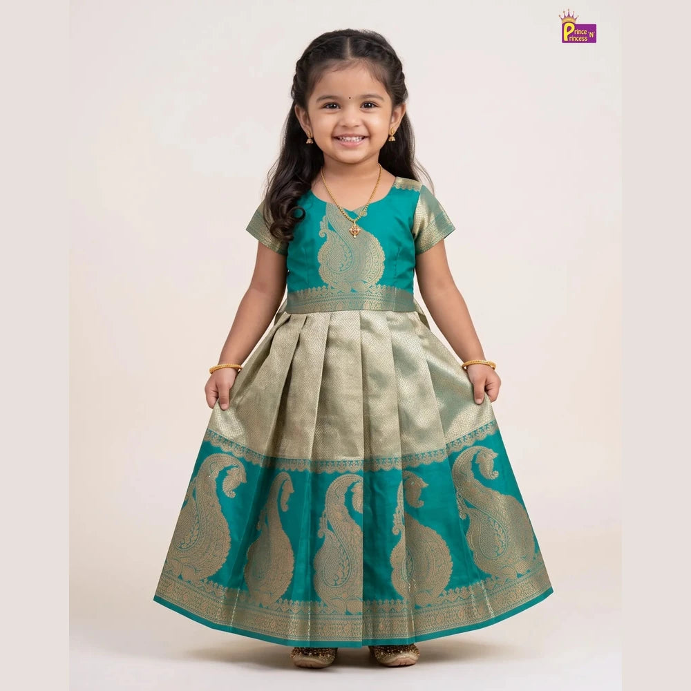 Girls Festive Wear - Rama Green Banarasi Pattu Gown PG727