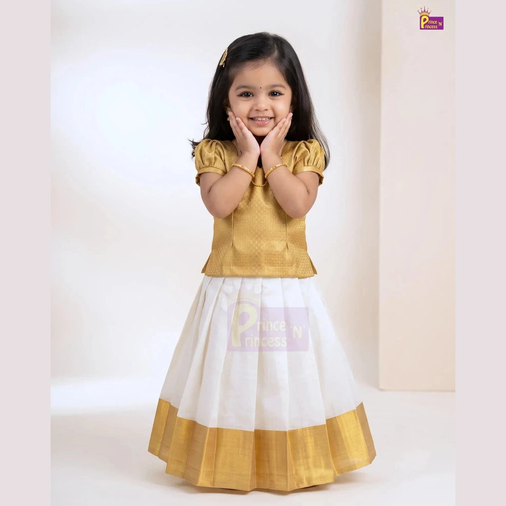 Girls Golden & Cream Kerala Pattu Pavadai - Onam Dress Top Brocade & Polyester Mix skirt PPP2113