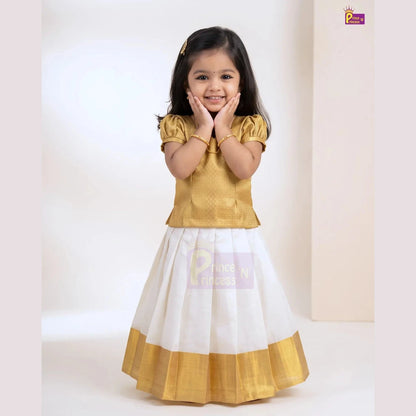 Girls Golden & Cream Kerala Pattu Pavadai - Onam Dress Top Brocade & Polyester Mix skirt PPP2113