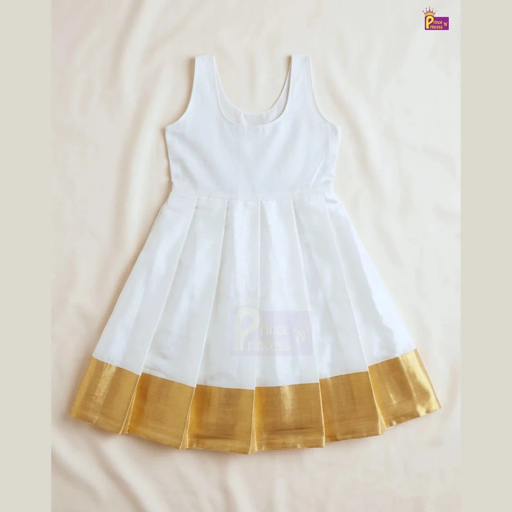 Girls Golden & Cream Kerala Pattu Pavadai - Onam Dress Top Brocade & Polyester Mix skirt PPP2113
