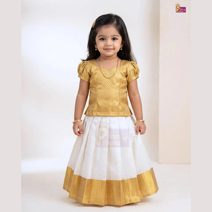 Girls Golden & Cream Kerala Pattu Pavadai - Onam Dress Top Brocade & Polyester Mix skirt PPP2113