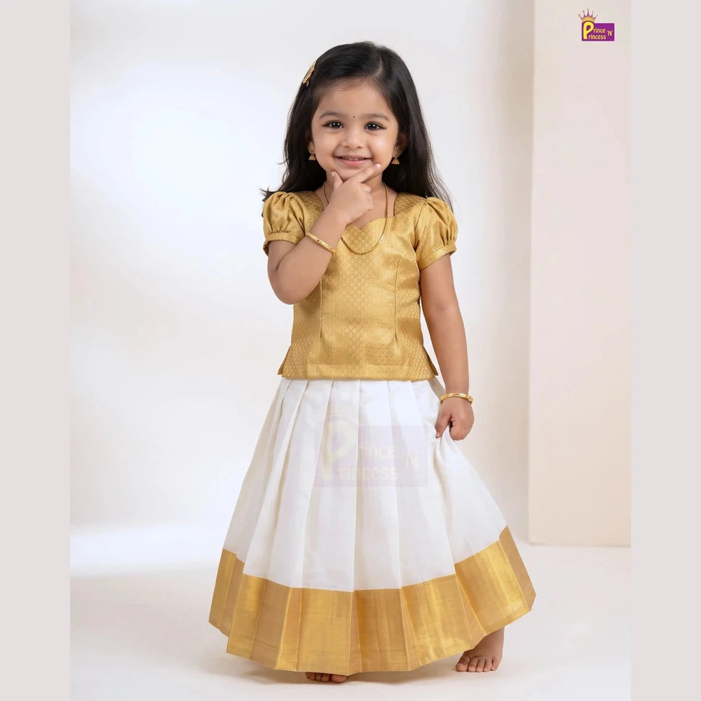 Girls Golden & Cream Kerala Pattu Pavadai - Onam Dress Top Brocade & Polyester Mix skirt PPP2113
