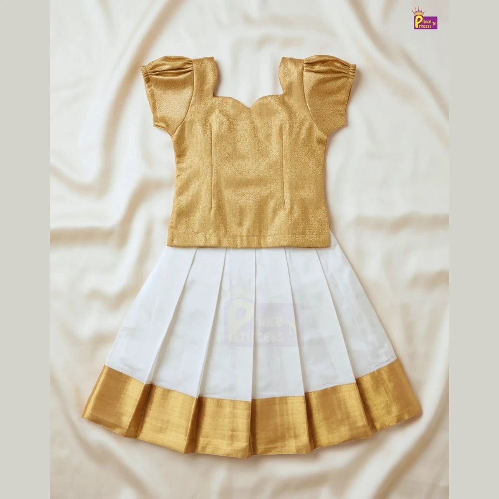 Girls Golden & Cream Kerala Pattu Pavadai - Onam Dress Top Brocade & Polyester Mix skirt PPP2113
