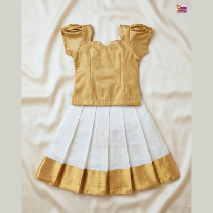 Girls Golden & Cream Kerala Pattu Pavadai - Onam Dress Top Brocade & Polyester Mix skirt PPP2113