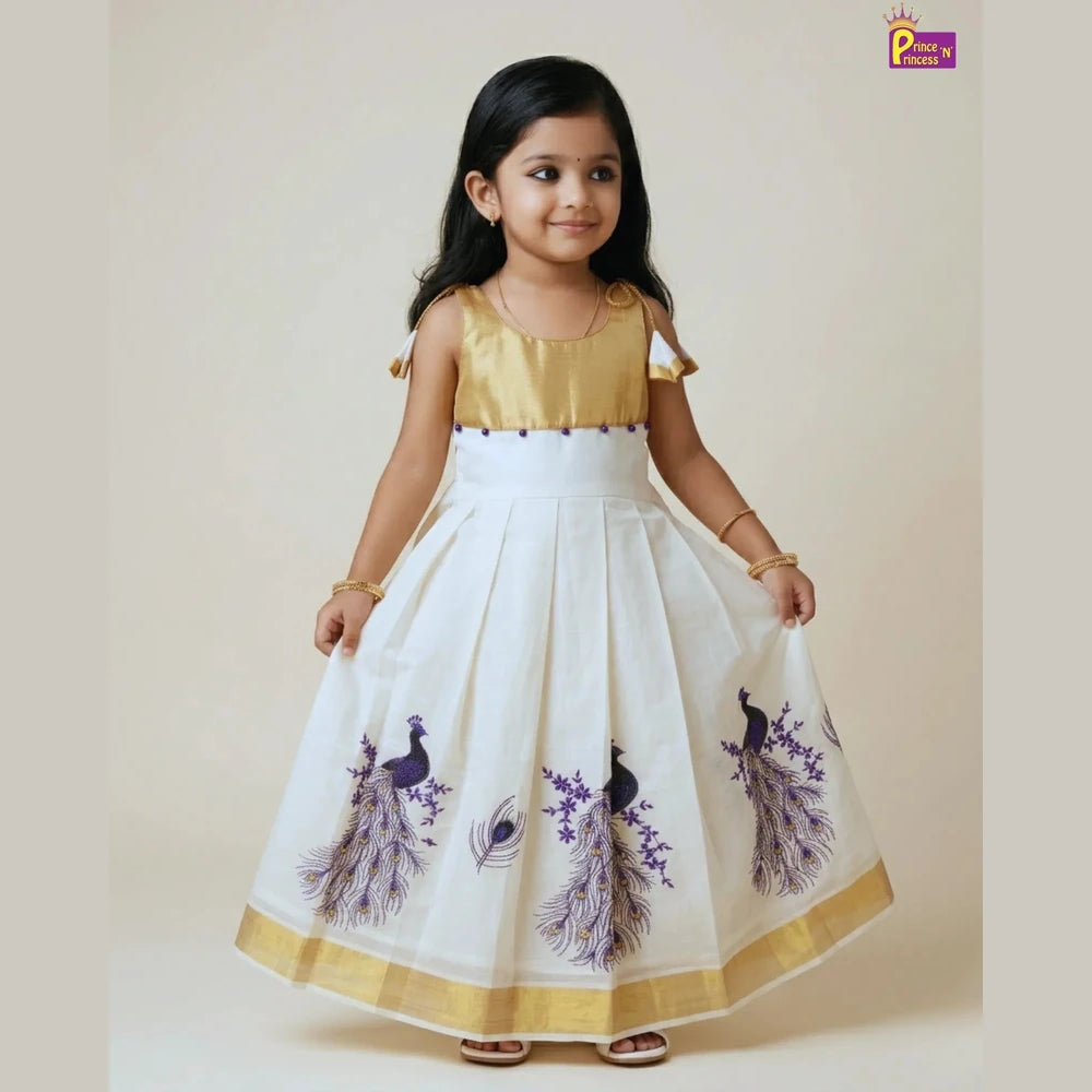 Girls Kerala Kasavu with Golden Traditional Long Gown PG685