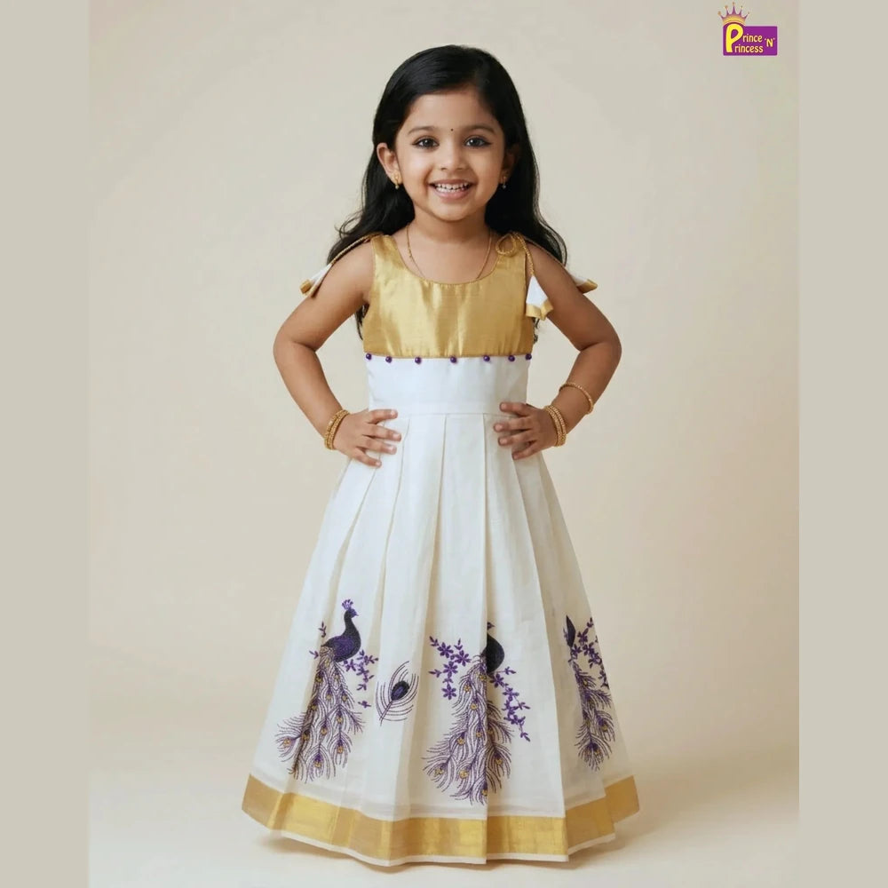 Girls Kerala Kasavu with Golden Traditional Long Gown PG685