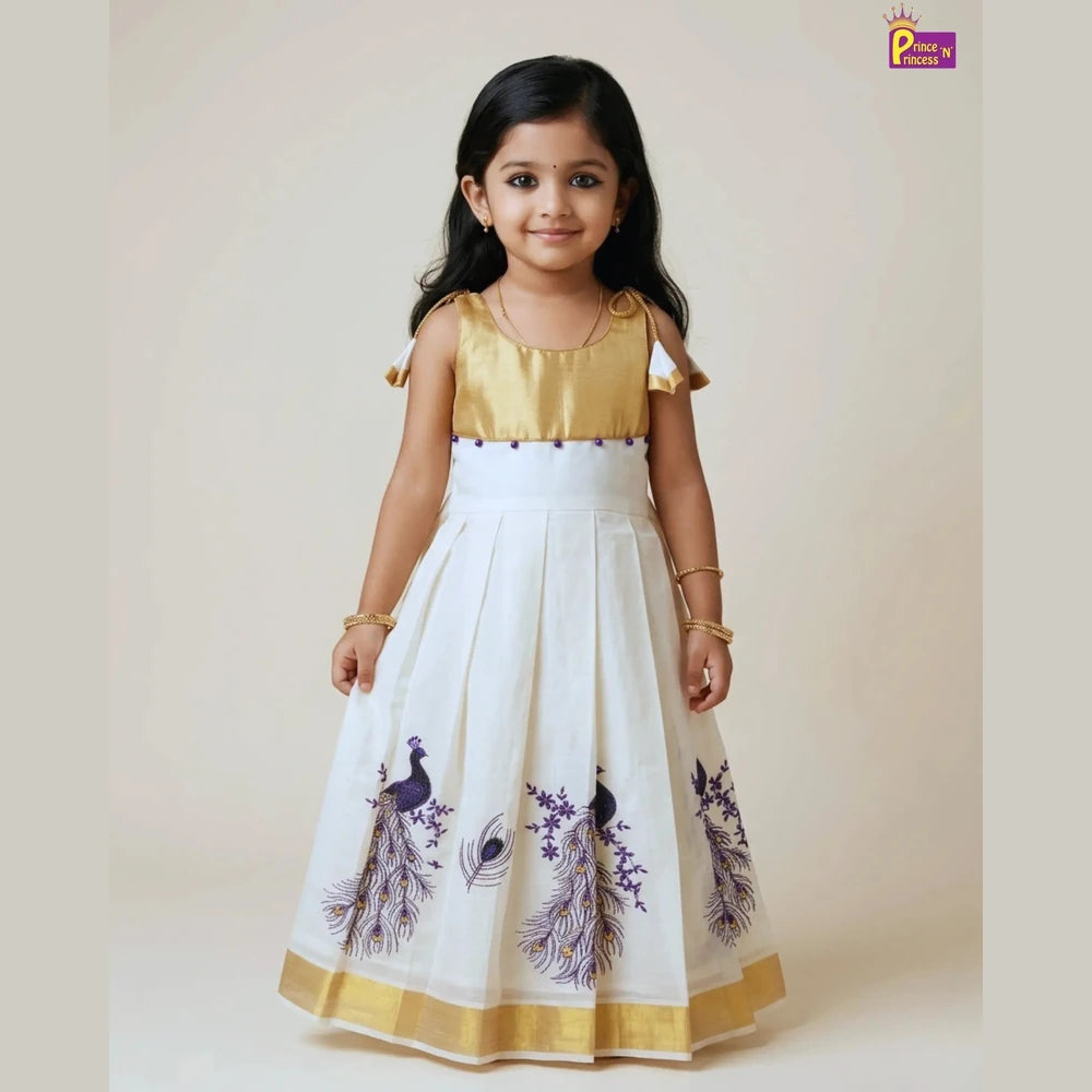 Girls Kerala Kasavu with Golden Traditional Long Gown PG685