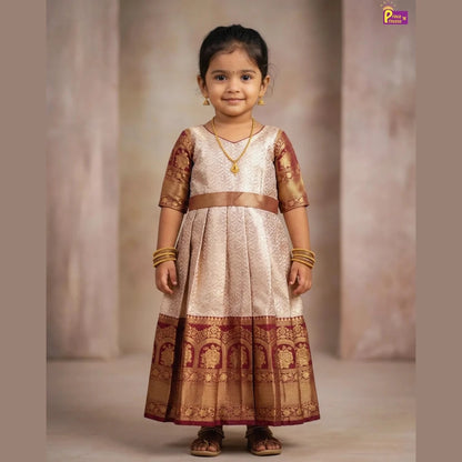 Girls Maroon Banarasi Chanderi Gown with Banarasi Coat Kids Festive Dress | Clearance Sale PG433
