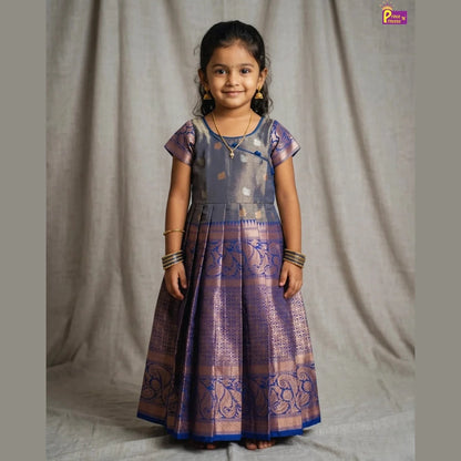 Girls Navy Blue Raw Silk Full Length Gown | 50% Sale PG498