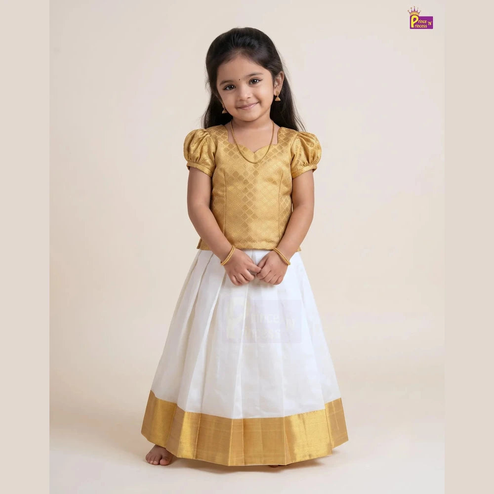 Girls Onam Pattu Pavadai Dress Golden & Cream Kerala Skirt Polyster Mix PPP2114