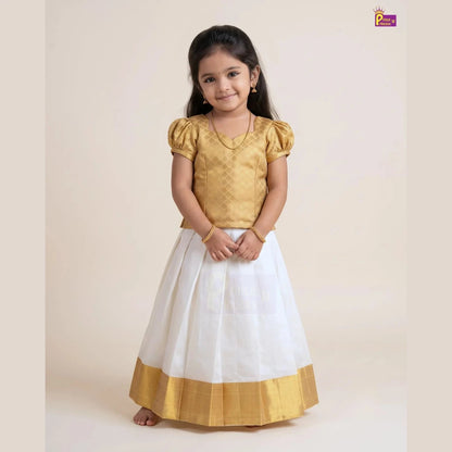 Girls Onam Pattu Pavadai Dress Golden & Cream Kerala Skirt Polyster Mix PPP2114
