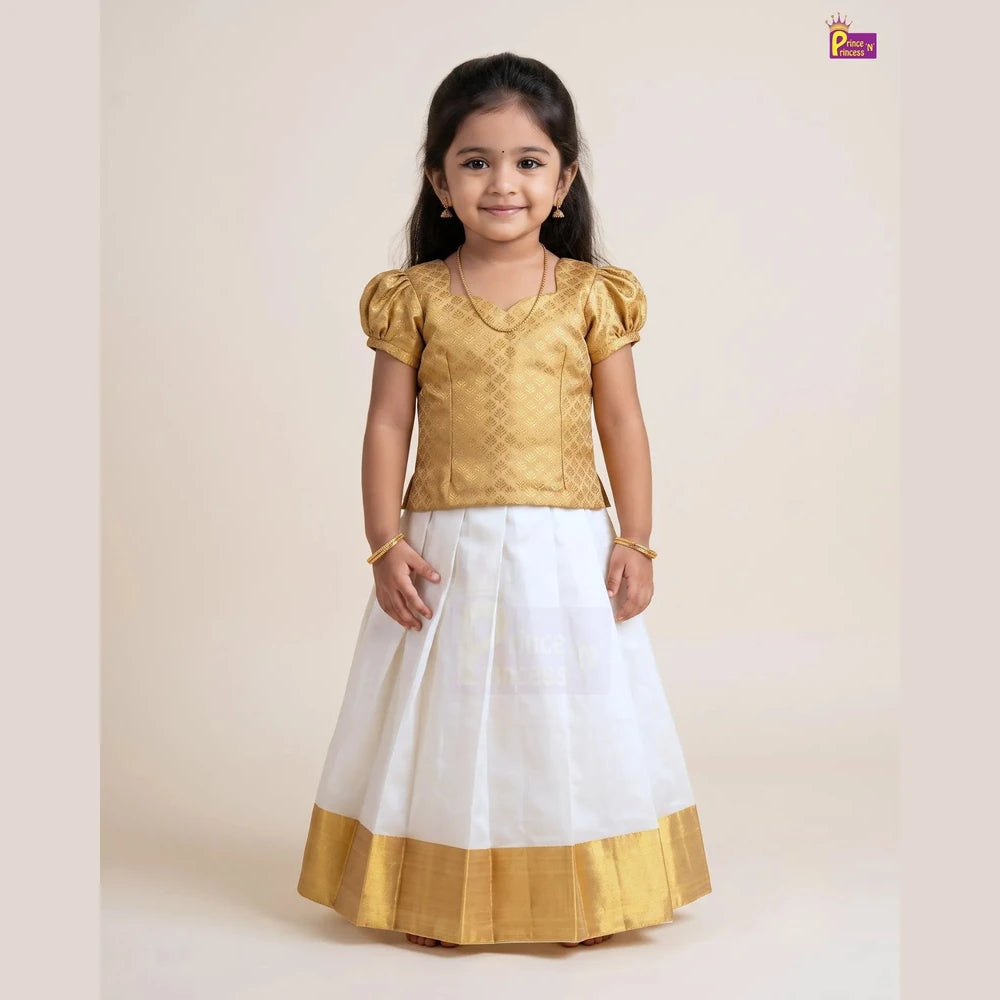 Girls Onam Pattu Pavadai Dress Golden & Cream Kerala Skirt Polyster Mix PPP2114