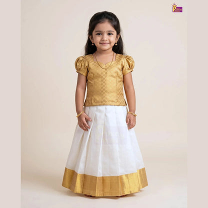 Girls Onam Pattu Pavadai Dress Golden & Cream Kerala Skirt Polyster Mix PPP2114